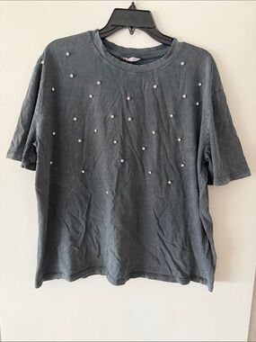 ZARA Rhinestone Embellished Acid Wash Bling Tee Grey L Oversized Studded Cotton